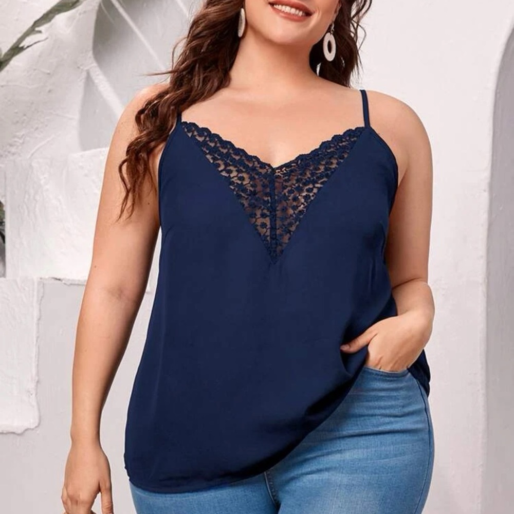 Lace v neck cami tank top navy blue Boho minimalist business casual - Picture 1 of 9
